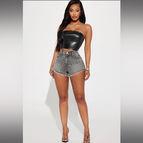 Fashion Nova Pants - FASHIONNOVA Grey Razzle Dazzle Embellished Cut Off Denim Shorts 15